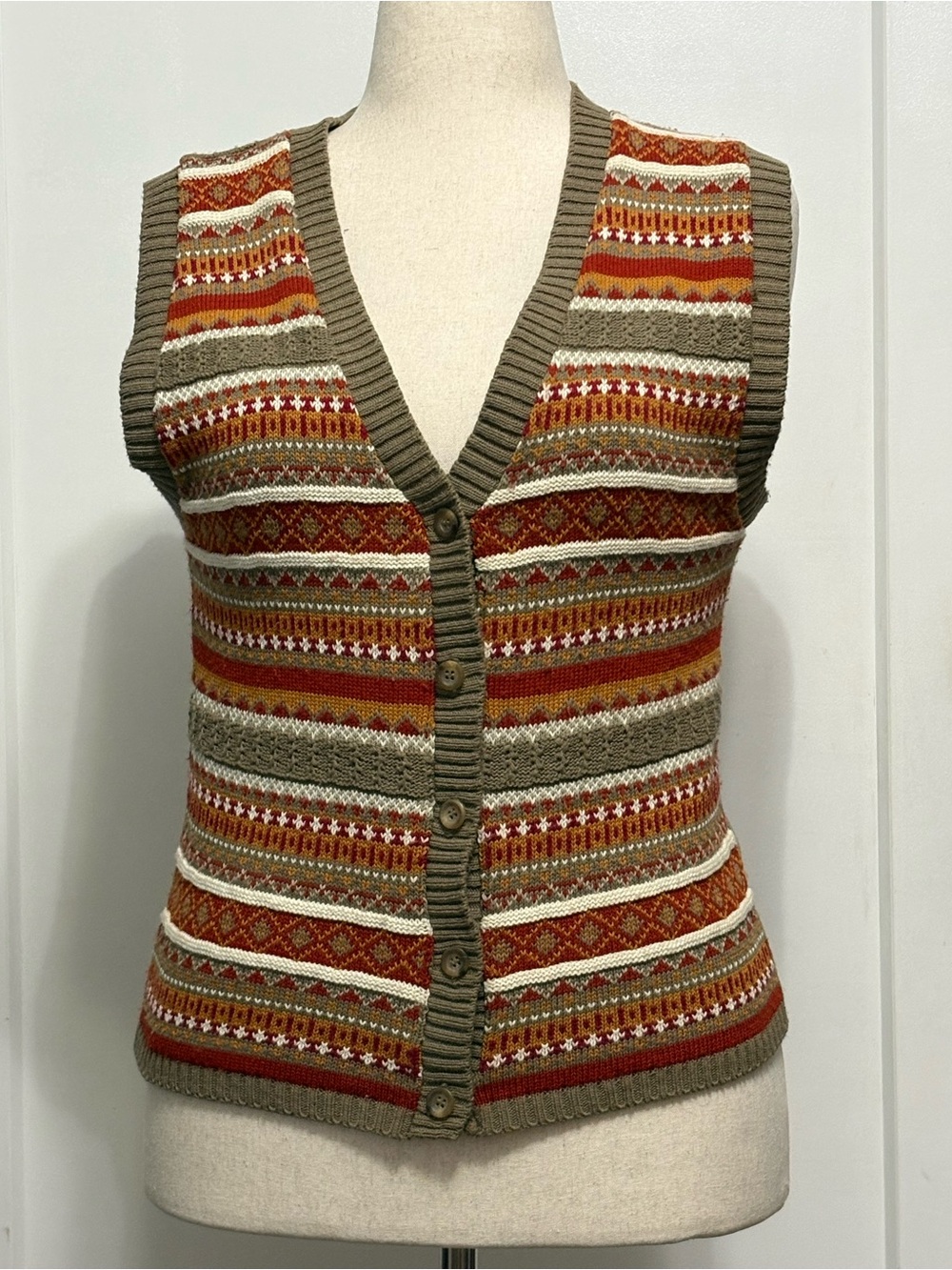 Cricket Lane Vintage Fair Isle Sweater Vest Small Olive Rust Academic Cabin